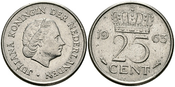 НИДЕРЛАНДЫ 25 ЦЕНТОВ 1963 ЮЛИАНА KM 183 никель 96-153