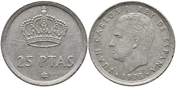Испания 25 песет 1975 (79) Хуан Карлос I (1975-2014) KM 808 медно-никель 111-225
