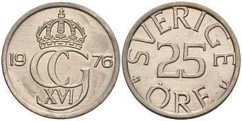 Швеция 25 эре 1976 Карл XVI Густав (1973- ) KM 851 медно-никель UNC 4585-512