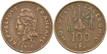 Французская Новая Каледония 100 франков 1976 хижина среди сосен и пальм, (IEOM) KM 15, Schoen 16, Lec 130 никель бронза 88-816