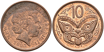 Новая Зеландия 10 центов 2007 маска Маори, Елизавета II (1952-) KM 117а сталь плакированная медью 4579-1254