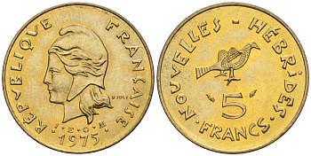Французские Новые Гебриды 5 франков 1975  KM 6.2 никель-латунь  UNC  4610-541