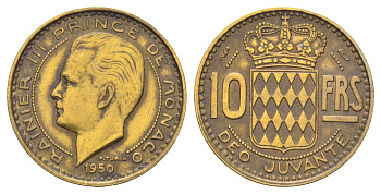 Монако 10 франков 1950 Ренье III (1949-2005) KM 130 алюминиевая бронза 4668-1136