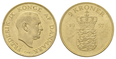 Дания 2 кроны 1957 С, Фредерик IX (1947-1972) KM 838 алюминиевая бронза 4680-236