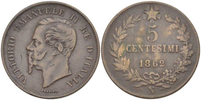 ИТАЛИЯ 5 ЧЕНТЕЗИМО 1862 N, ВИКТОР ЭМАНУИЛ II (1861-1878) KM 3.3 медь 111-925