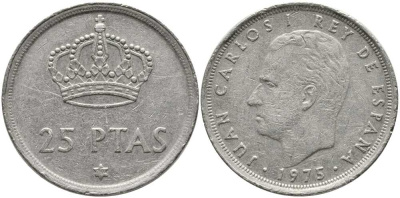Испания 25 песет 1975 (79) Хуан Карлос I (1975-2014) KM 808 медно-никель 111-225