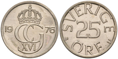 Швеция 25 эре 1976 Карл XVI Густав (1973- ) KM 851 медно-никель UNC 4585-512