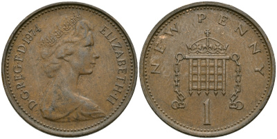 Великобритания 1 пенни 1974 Елизавета II (1952-2022) KM 915, Spink 4237 (B1) бронза 4396-1135