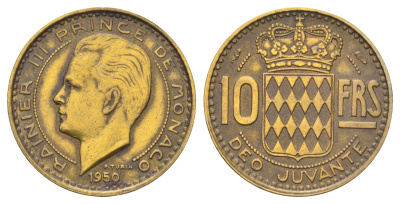 Монако 10 франков 1950 Ренье III (1949-2005) KM 130 алюминиевая бронза 4668-1136