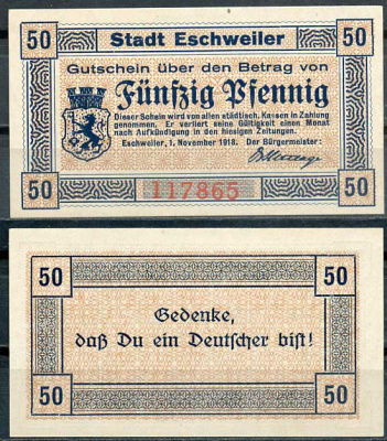 Германия, Эшвайлер 50 пфеннигов 1918 нотгельд, 1.11.1918 бумага UNC (пресс) 8614-46-2-2
