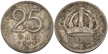 Швеция 25 эре 1949 TS, Густав V (1907-1950) KM 816 серебро 4147-1013