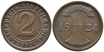 ГЕРМАНИЯ 2 РЕНТЕНПФЕННИГА 1924 J KM 31, J. 307 бронза 24-552