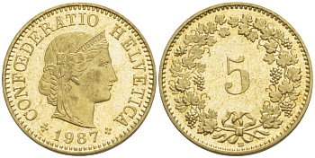 ШВЕЙЦАРИЯ 5 РАППЕНОВ 1987 В KM 26c алюминий латунь 4532-859