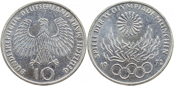 ФРГ 10 марок 1972 F, XX летние Олимпийские игры 1972 года в Мюнхене, олимпийский огонь KM 135, J.405 серебро UNC 1520-1513