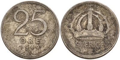 Швеция 25 эре 1949 TS, Густав V (1907-1950) KM 816 серебро 4147-1013