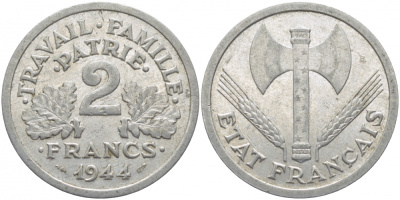 ФРАНЦИЯ 2 ФРАНКА 1944 ПРАВИТЕЛЬСТВО ВИШИ KM 904.1 алюминий 114-746
