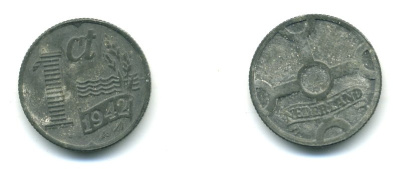НИДЕРЛАНДЫ 1 ЦЕНТ 1942 ВИЛЬГЕЛЬМИНА (1890-1948) KM 170 цинк 54-741