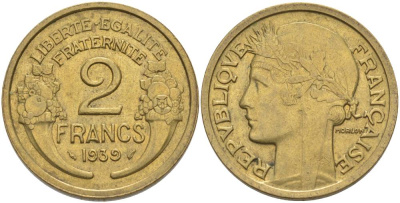 ФРАНЦИЯ 2 ФРАНКА 1939 ТИП MORLON KM 886, LE FRANC 268.12 алюминиевая бронза 3855-125