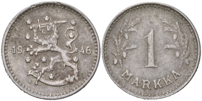 Финляндия 1 марка 1946 S KM 30b железо 4613-1116