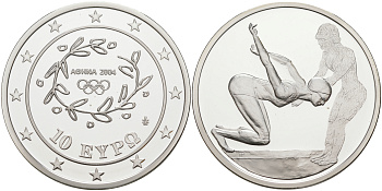 Греция 10 евро 2003 XXVIII летние Олимпийские игры 2004 года в Афинах, плавание KM 200 серебро PROOF 1074-9-51
