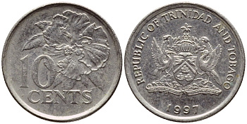 Тринидад и Тобаго 10 центов 1997 цветок гибискуса KM 31 медно-никель 4396-915