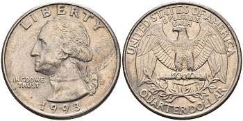 США 25 центов (квотер) 1993 D, Вашингтон KM A164a медь плакированная медно-никелем 113-1013