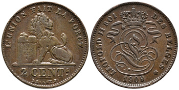 БЕЛЬГИЯ 2 САНТИМА 1909 BELGES KM 35.1 медь 34-1121