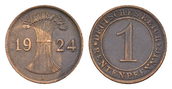 Германия 1 рентенпфенниг 1924 A KM 30, J. 306 бронза 4658-816