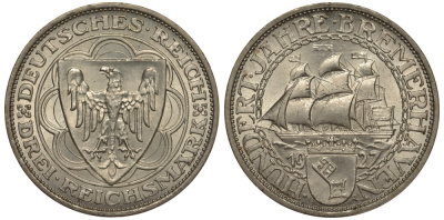 Германия 3 марки 1927 A, 100 летие основания Бремерхафена J. 325, KM 50 серебро 00-804-66