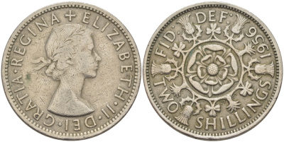 Великобритания 2 шиллинга (флорин) 1956 Елизавета II (1952-2022) KM 906, Spink 4146 медно-никель 38-231