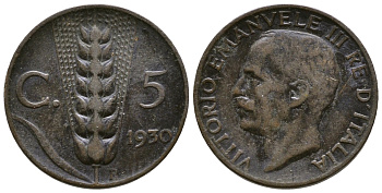 ИТАЛИЯ 5 ЧЕНТЕЗИМО 1930 R, ВИКТОР ИММАНУИЛ KM 59 медь 93-413