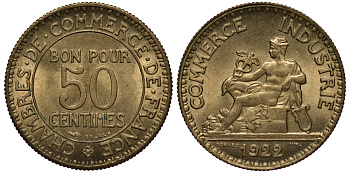 Франция 50 сантимов 1922 тип Chambre de Commerce KM 884, Le Franc 191.5 алюминиевая бронза 201-849