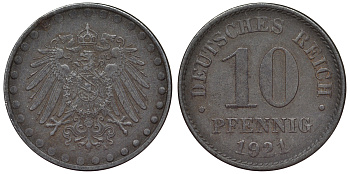 Германия 10 пфеннигов 1921 A KM 20, J. 298 железо 4119-225
