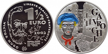 Франция 1 1/2 евро 2002 серия сказки, Гаврош, Виктор Гюго, эмаль KM 1332 серебро PROOF 11-143-43
