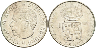 Швеция 1 крона 1964 U, Густав VI Адольф (1950-1973) KM 826 серебро 4542-436