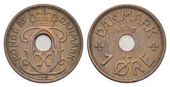 Дания 1 эре 1936 N, Кристиан X (1912-1947) KM 826 бронза 4701-611
