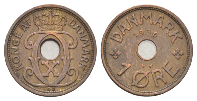 Дания 1 эре 1936 N, Кристиан X (1912-1947) KM 826 бронза 4701-611