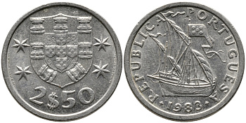 Португалия 2,5 эскудо 1983 парусник KM 590 медно-никель 99-1163