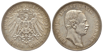 Саксония 3 марки 1911 E, Фридрих Август III (1904-1918) Weege 132, J. 135, KM 1267 серебро 413-5114