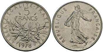 Франция 5 франков 1978 сеятель KM 926a.1, Le Franc 341.11 медно-никель плакированный никелем 4137-245