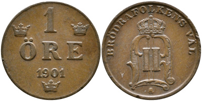Швеция 1 эре 1901 Оскар II (1872-1907) король Швеции и Норвегии KM 750 бронза 176-865