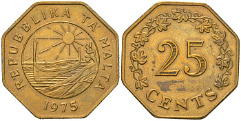 Мальта 25 центов 1975 KM 29 латунь aUNC 77-315