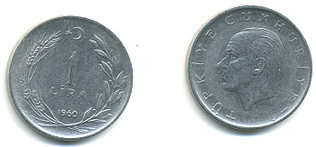 Турция 1 лира 1960 Мустафа Кемаль Ататюрк KM 889а.1 нержавеющая сталь 93-532