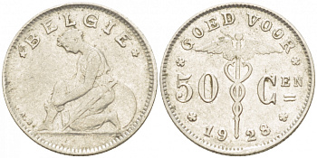БЕЛЬГИЯ 50 САНТИМОВ 1928 BELGIE KM 88 никель 261-1164