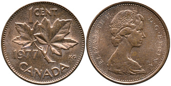 Канада 1 цент 1977 Елизавета II (1952-2022), кленовый лист KM 59.1 бронза 4528-743