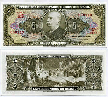 БРАЗИЛИЯ 5 КРУЗЕЙРО 1964 ВЫПУСК 2А, БАРАО ДО РИО БРАНКО, СЕРИЯ 4334А Pick 176d бумага UNC (ПРЕСС) 7551-21-4-2