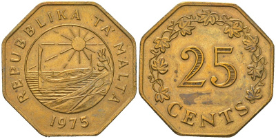 Мальта 25 центов 1975 KM 29 латунь aUNC 77-315