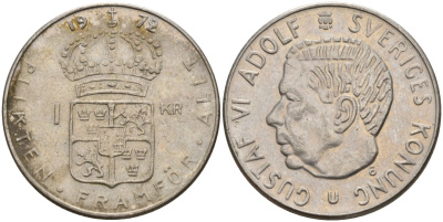 Швеция 1 крона 1972 U, Густав VI Адольф (1950-1973) KM 826a медь плакированный медно-никелем 4150-331