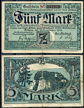Германия, Циттау 5 марок 1918 нотгельд, 15.11.1918, 6 цифр в номере Geiger 578.01  бумага   444-113-2-2