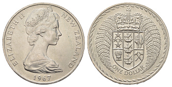 Новая Зеландия 1 доллар 1967 переход на десятичную систему, Елизавета II (1952-2022) KM 38.1 медно-никель BU 4537-634